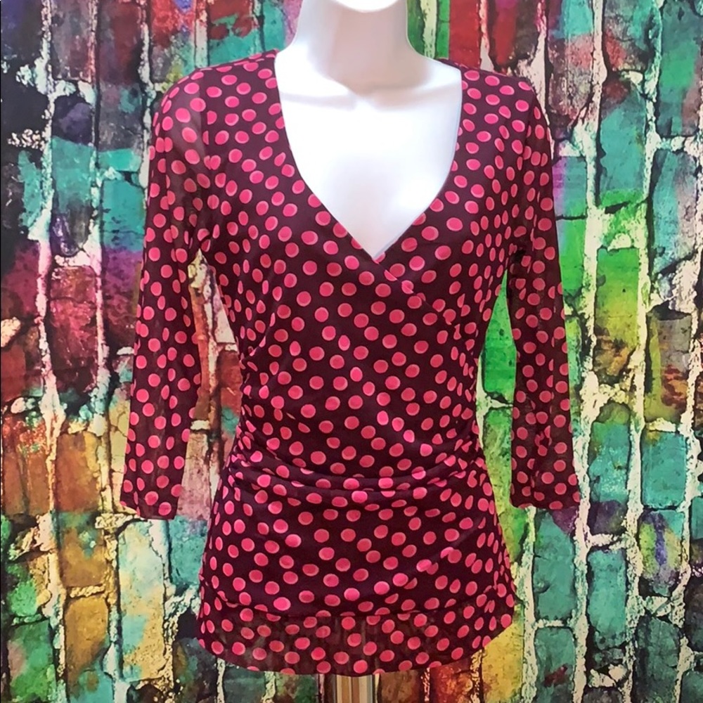 Elle xs purple pink polkadots long sleeve blouse